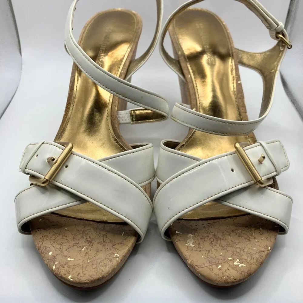 Naturalizer Sandals Leather White Cork 3.5 inch heel New Size 9 Like New